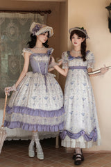 Purple/Ivory [Iris Secrets] Short Sleeves Double-Layered Print Ruffle Bowknot Lace-Up Sweet Lolita Dress - Product - 8