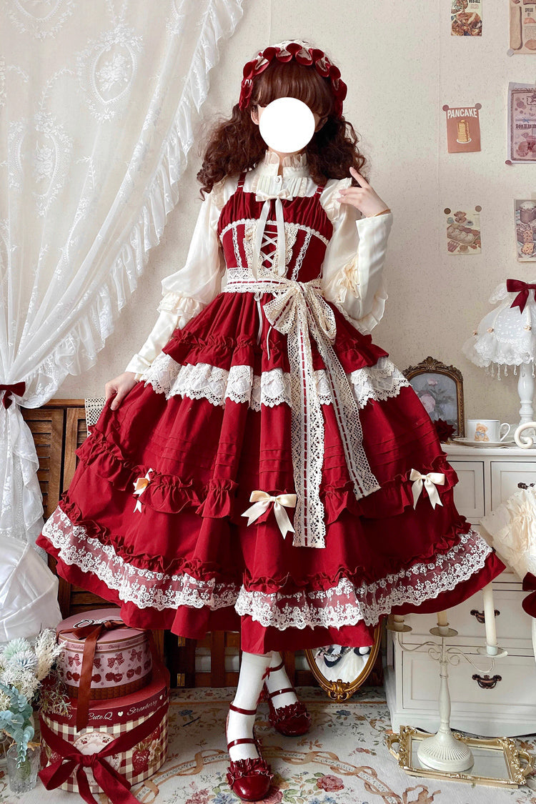[Lillian] Ruffle Bowknot Lace Sweet Lolita Jsk Dress 4 Colors - Red - 2