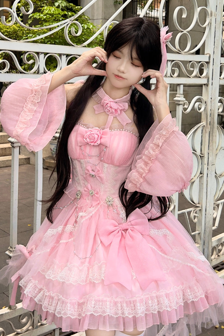 Galaxy Flower Language Multi-Layered Ruffle Bowknot Sweet Lolita Tube Top Dress 2 Colors - Product - 2