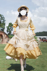 Yellow Long Sleeves Print Ruffle Lace-Up Sweet Elegant Lolita Dress - Product - 13