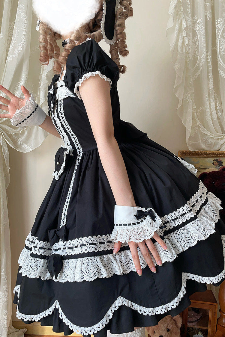 Black [Petal Bunny] Cotton Square Collar Short Sleeves Double-Layered Ruffled Bow Lace Lace-Up Sweet Lolita Dress - Product - 13