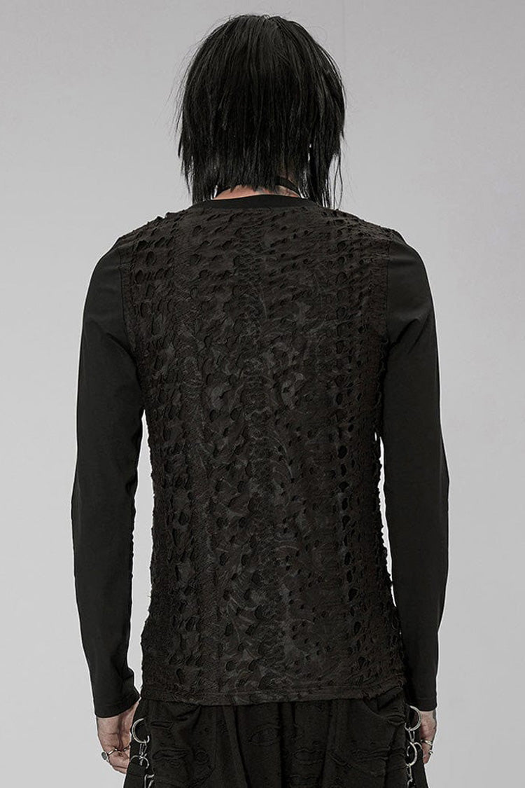 Black Punk Knitted Print Splicing Concave And Convex Webbing Decoration Long Sleeve Men's T-Shirt - Product - 3