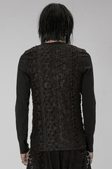 Black Punk Knitted Print Splicing Concave And Convex Webbing Decoration Long Sleeve Men's T-Shirt - Product - 3