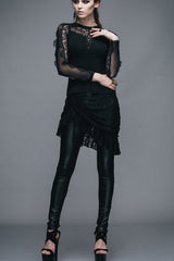 Black Rose Lace Mesh Outer Skirt Gothic Faux Leather Womens Pants - Product - 6