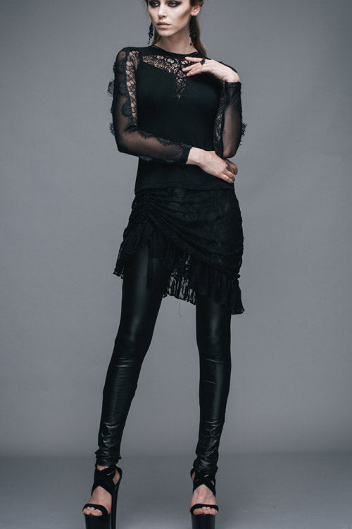 Black Rose Lace Mesh Outer Skirt Gothic Faux Leather Womens Pants - Product - 6