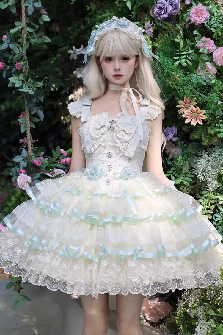 Green [Rose Feather Waltz] Sleeveless Triple-Layered Ruffle Bowknot Lace Sweet Ballet Lolita Jsk Dress - Green - 1