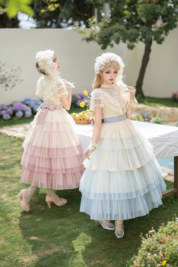 Blue [Sincere Vow] Edwardian Collar Short Sleeves Ombre Multi-Layered Ruffled Embroidered Sweet Lolita Dress - Product - 13