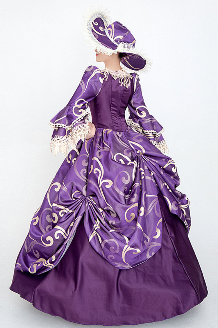 Purple Half Sleeves Trumpet Sleeves High Waisted Print Victorian Lolita Prom Dress - Product - 4