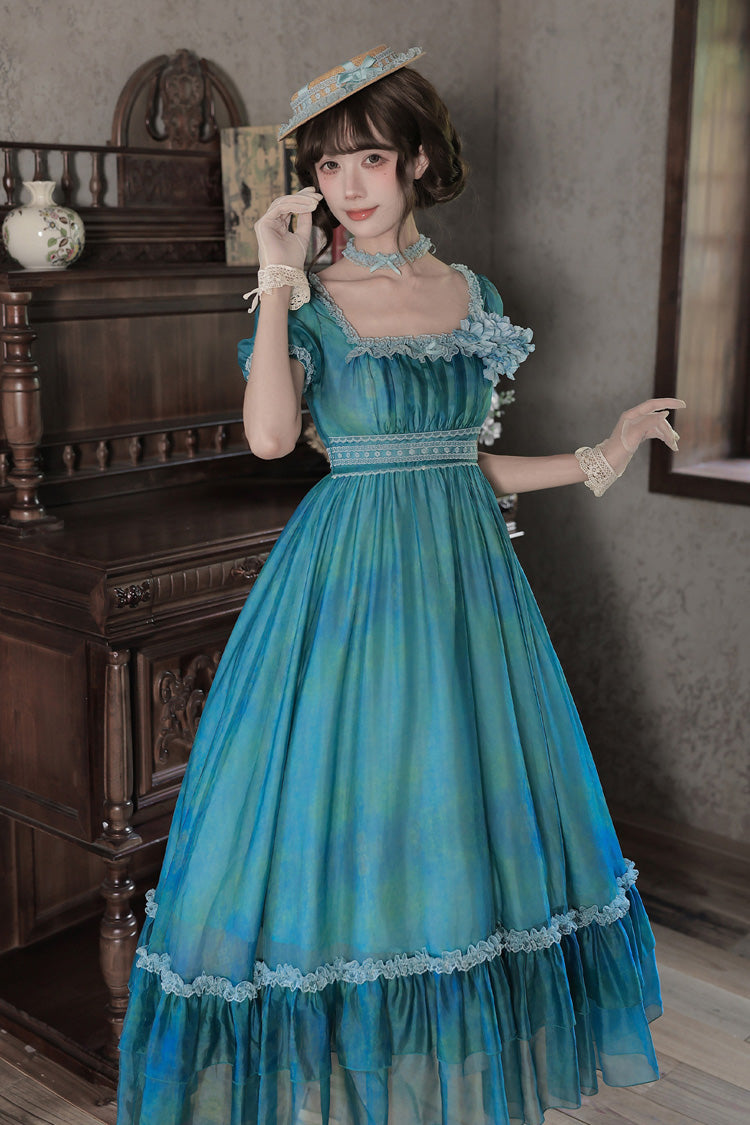 Blue/Green [Water Lily] Square Collar Ruffled Lace-Up Sweet Royal Lolita Dress 2 Versions - Product - 19
