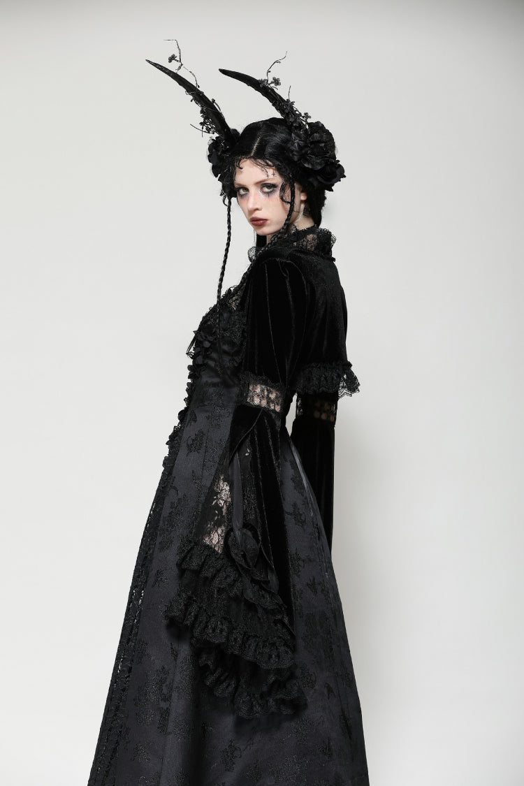 Black Long Puff Flared Sleeves Ruffled Lace Spliced Velvet Women's Gothic Cape - Product - 13