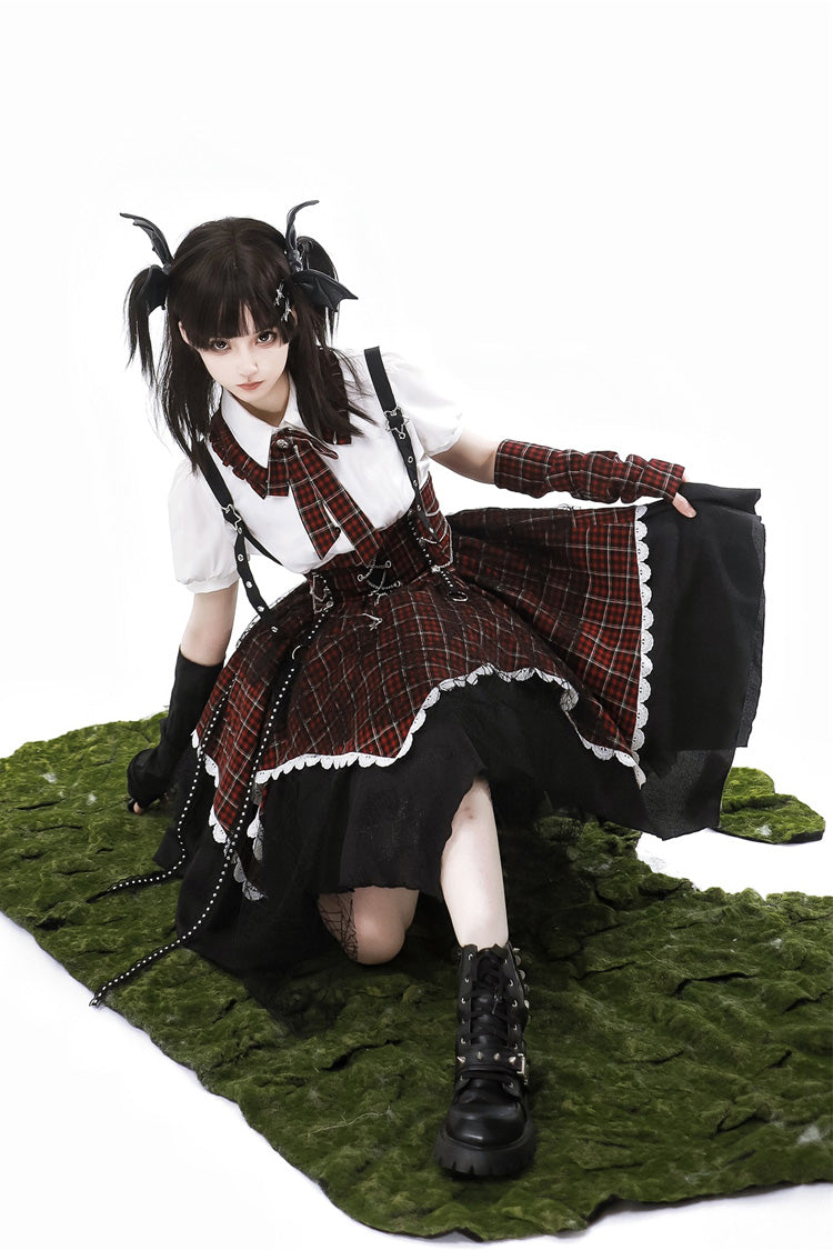 Black/Red [Soul Mantra] Plaid Print Irregular Sweet Lolita Strap Dress - Product - 11