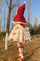 Red/Apricot Triple-Layered Print Ruffle Bowknot Lace Sweet Princess Lolita Dress Cloak Set - Product - 9