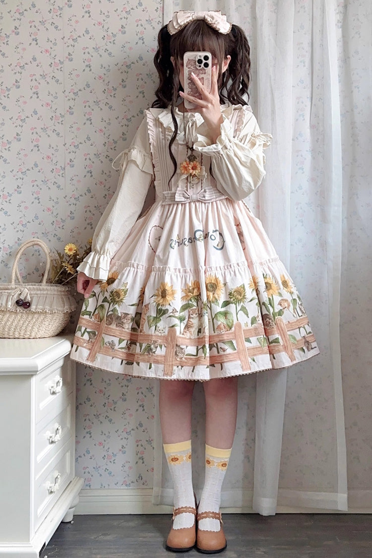 Cat and Sunflower Print Bowknot Sweet Lolita Jsk Dress 2 Colors - Product - 11