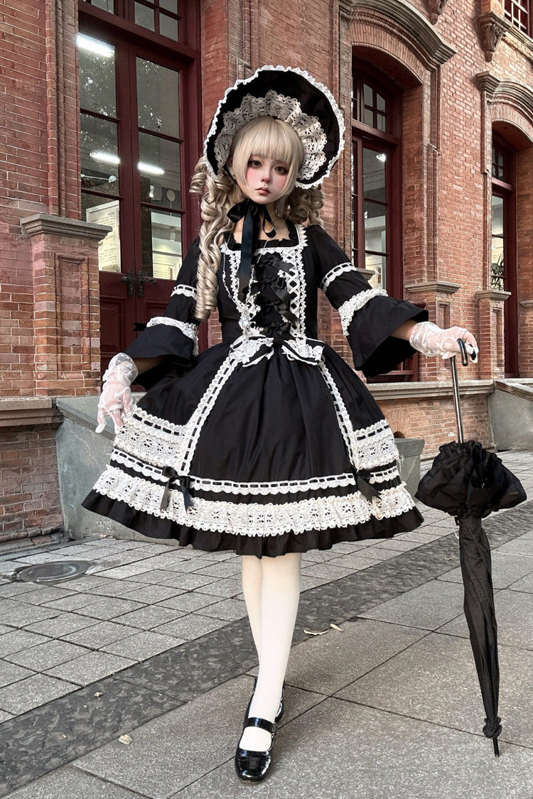 Black Square Collar Long Trumpet Sleeves Bow Lace Lace-Up Gothic Lolita Dress - Product - 2