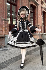 Black Square Collar Long Trumpet Sleeves Bow Lace Lace-Up Gothic Lolita Dress - Product - 2