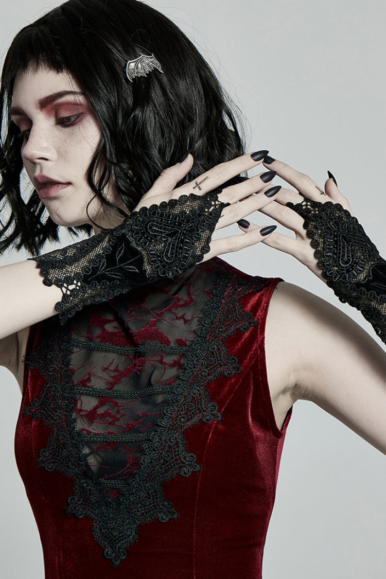 Black Jacquard Lace Women's Gothic Gloves - Product - 3