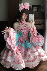 Pink/Green [Sweetheart Petals] Halterneck Sleeveless Multi-Layered Jacquard Ruffled Bow Pearl Detail Sweet Lolita Jsk Dress - Product - 2
