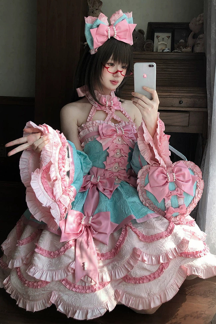 Pink/Green [Sweetheart Petals] Halterneck Sleeveless Multi-Layered Jacquard Ruffled Bow Pearl Detail Sweet Lolita Jsk Dress - Product - 2