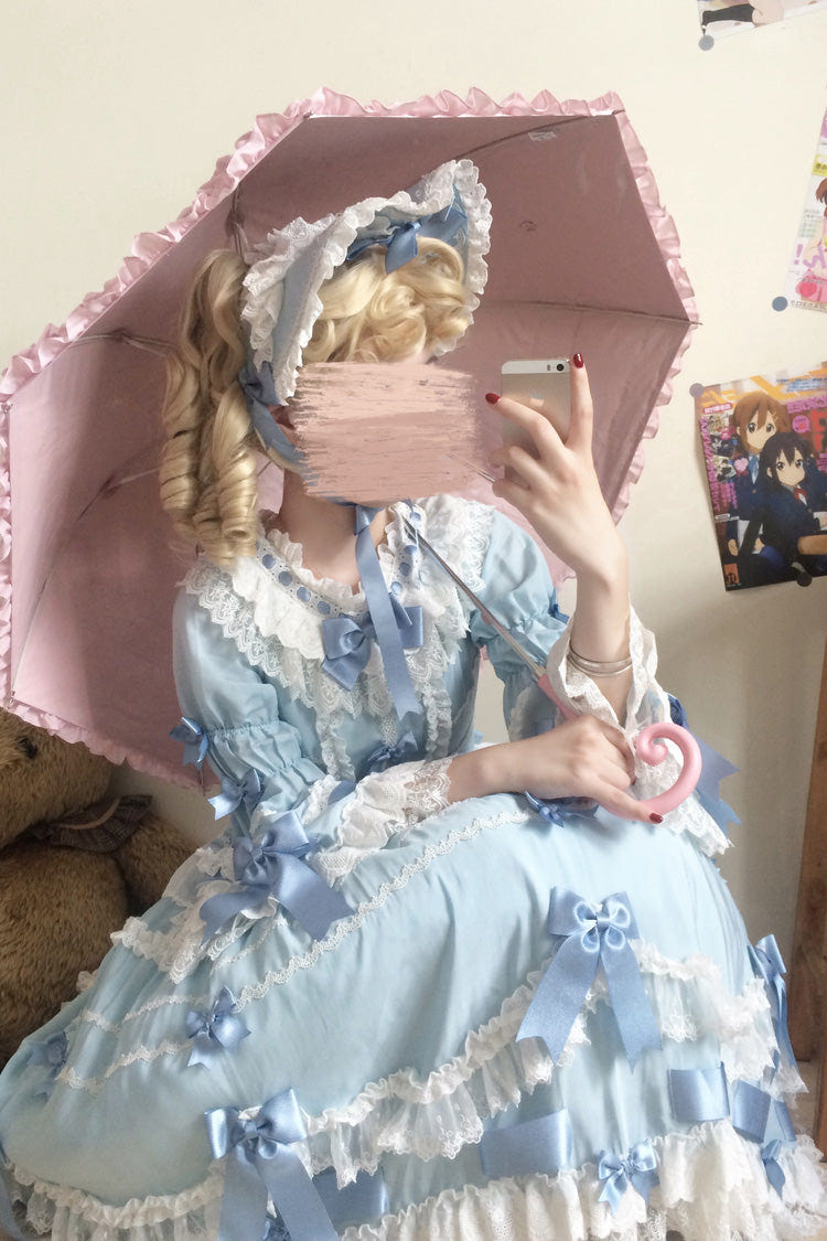 Blue Round Collar Long Trumpet Sleeves Hanayome Bowknot Lace Daily Sweet Elegant Princess Lolita Dress - Product - 5