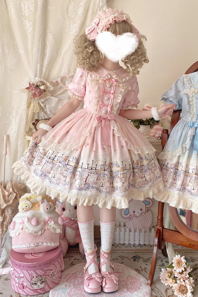 Pink [Angel Lamb] Lapel Collar Short Sleeves Printed Ruffled Bow Sweet Lolita Dress - Pink - 1