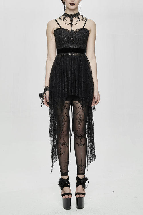 Black Versatile Translucent Sweep Sexy Lace Womens Gothic Dress With Shoulder Straps - Black - 1