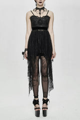 Black Versatile Translucent Sweep Sexy Lace Womens Gothic Dress With Shoulder Straps - Black - 1
