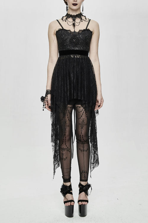 Black Versatile Translucent Sweep Sexy Lace Womens Gothic Dress With Shoulder Straps - Black - 1