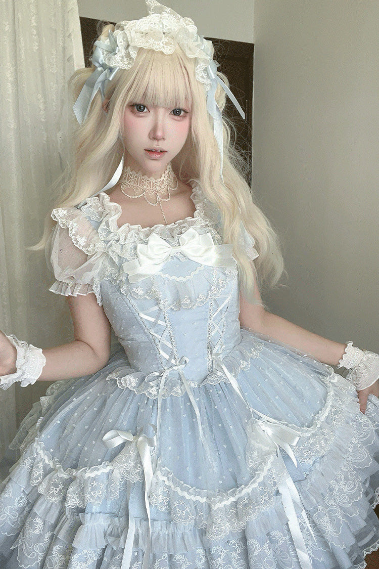Blue [Candy House] Sleeveless Ruffle Bowknot Lace Lace-Up Sweet Lolita Jsk Dress - Product - 4