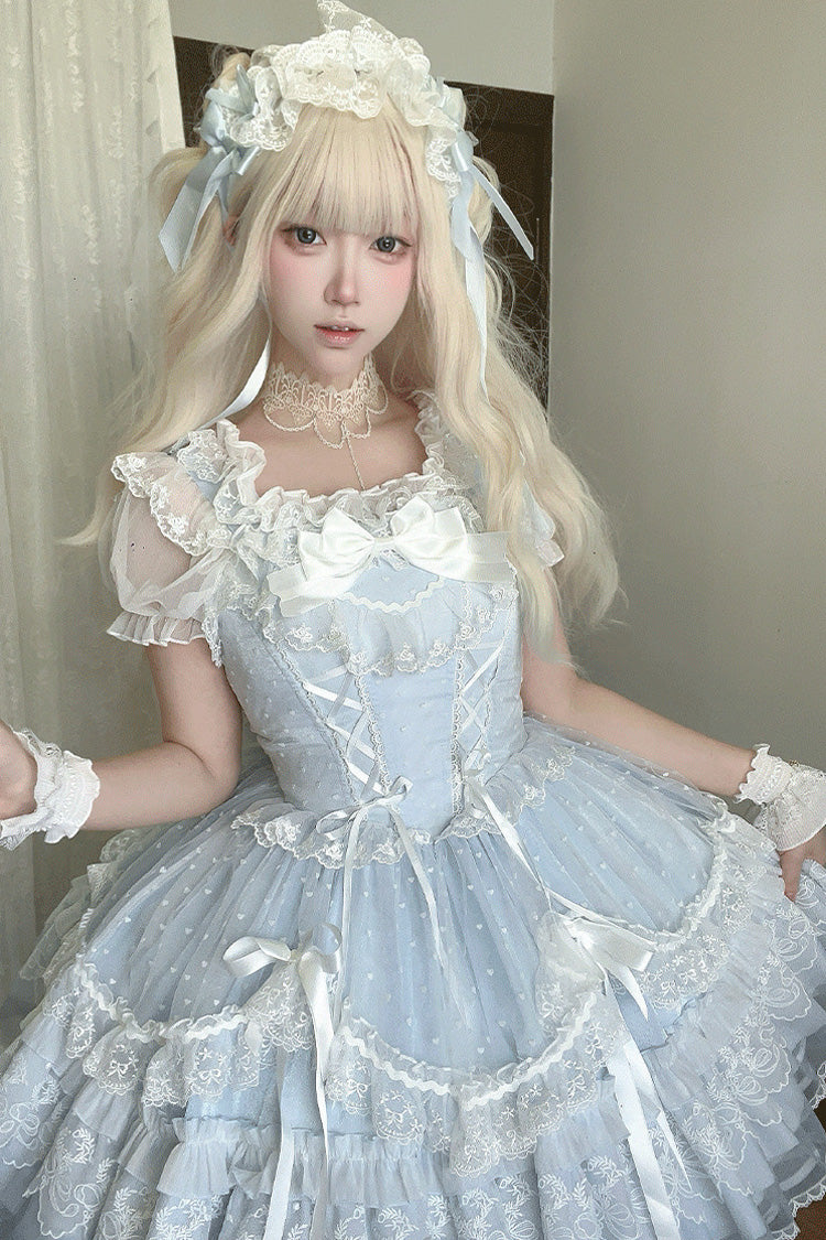 Blue [Candy House] Sleeveless Ruffle Bowknot Lace Lace-Up Sweet Lolita Jsk Dress - Product - 4