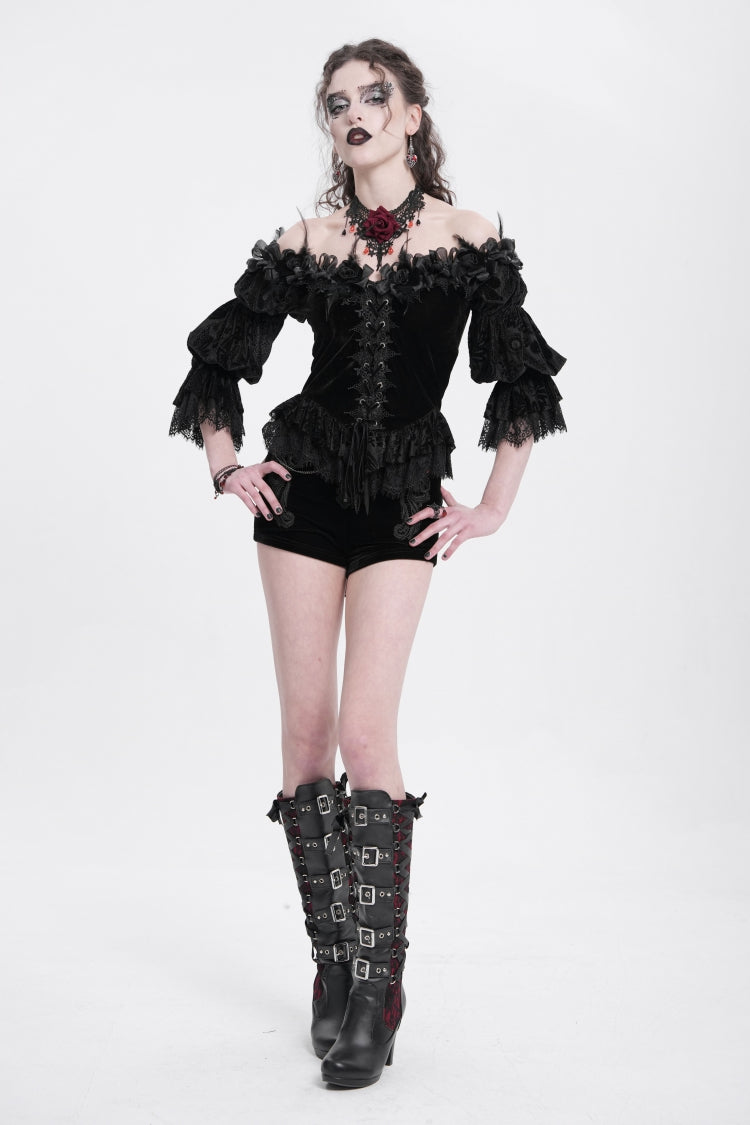 Black Off Shoulder Long Sleeves Ruffle Embroidery Lace-Up Women's Gothic Blouse - Product - 6