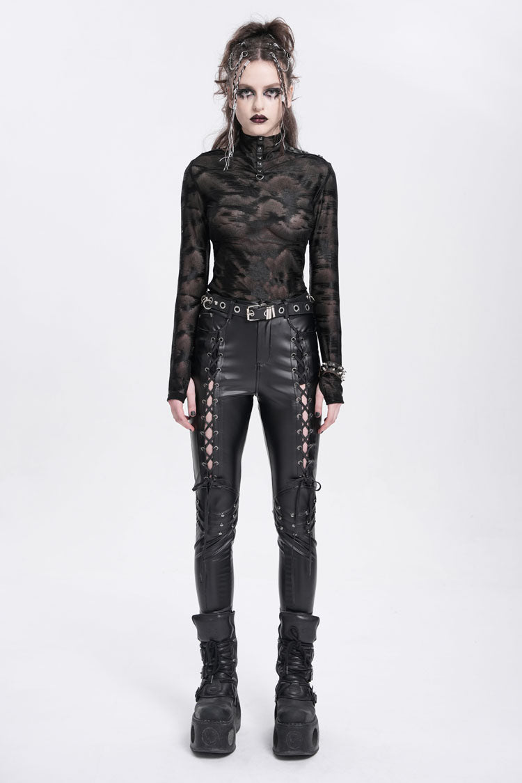 Black Stand Collar Sheer Studded Women's Punk Blouse - Product - 6