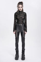 Black Stand Collar Sheer Studded Women's Punk Blouse - Product - 6