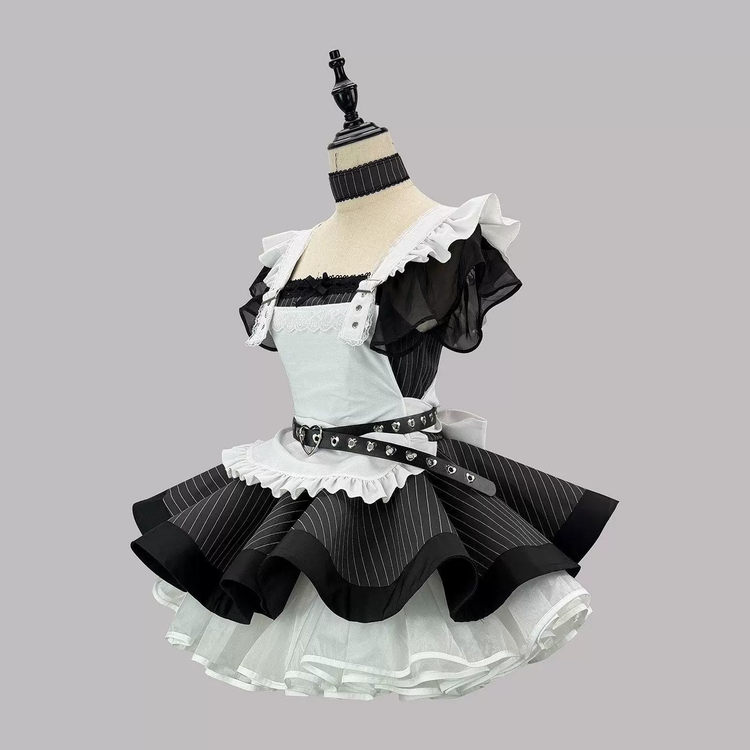Black and White Striped Ruffled Lolita Dress with Belt Accent 商品画像