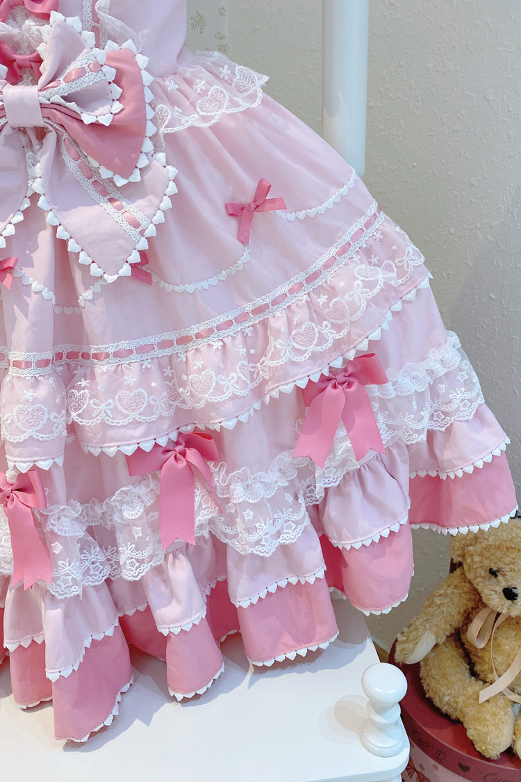 Pink [Fondant Cake] Sleeveless Multi-Layered Ruffle Bowknot Lace Sweet Lolita Jsk Dress - Product - 9