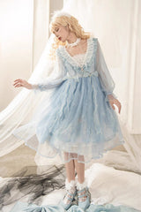 Blue High Waisted Planet Butterfly Print Ruffle Lace Sweet Lolita Dress - Product - 2