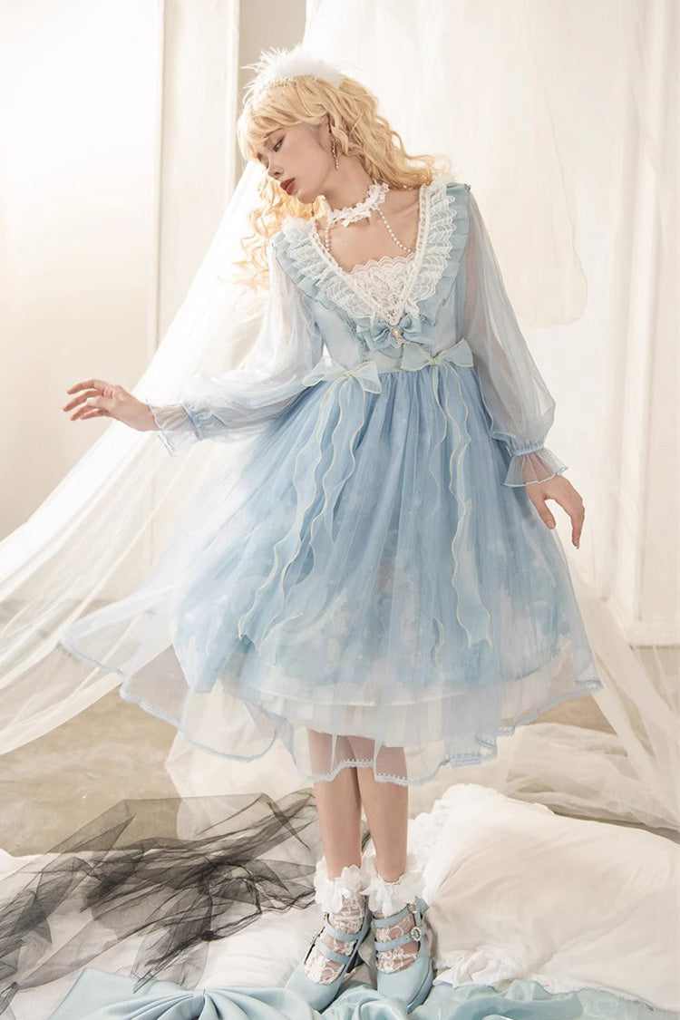 Blue High Waisted Planet Butterfly Print Ruffle Lace Sweet Lolita Dress - Product - 2