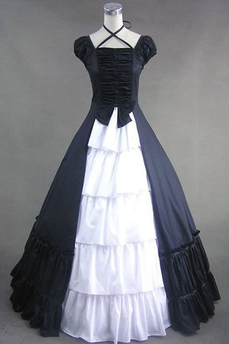 Black Cotton Cap Sleeves Floor Length Bowknot Cardigan Multi-Layer Pleats Victorian Gothic Lolita Strap Dress - Black - 1