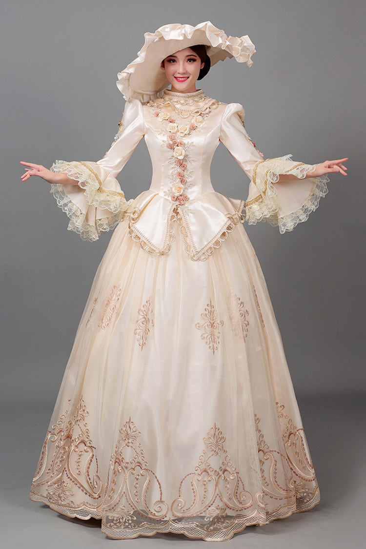 Champagne Court Style High Waisted Long Sleeves Floral Decorative Print Victorian Lolita Prom Dress - Product - 2