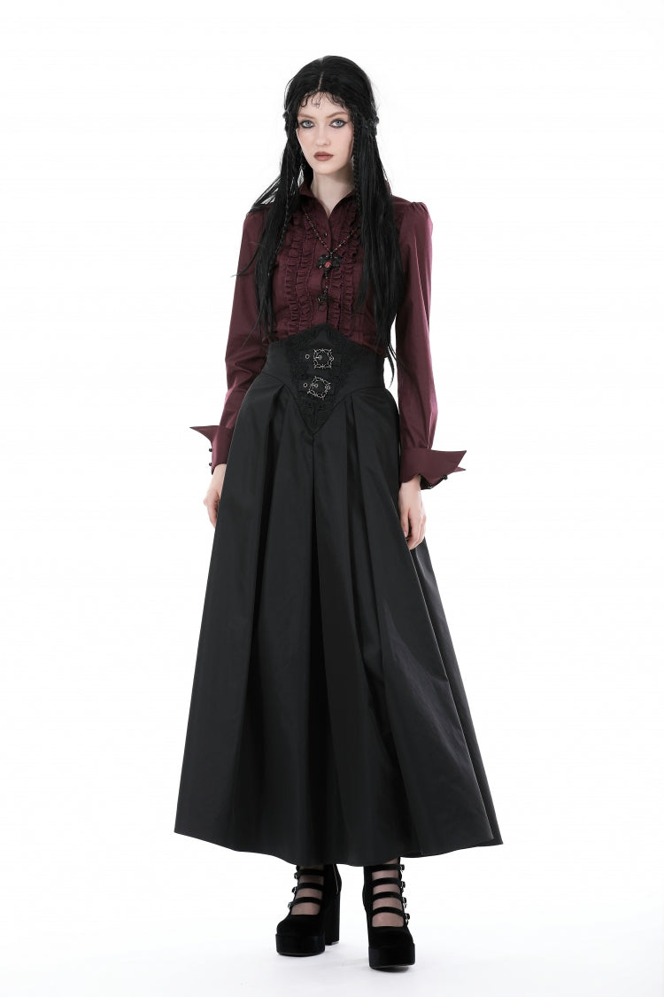 Wine Red Turn-down Collar Ruffled Long Sleeves Women's Gothic Blouse - Product - 7