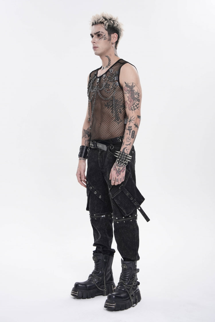 Black Round Collar Sleeveless Slim Sheer Mesh Studded Eyelet Men's Punk Handsome Vest - Product - 3