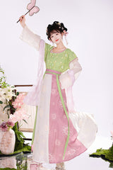 Pink/Green Round Collar Short Sleeves High Waisted Print Women's Chinese Style Hanfu Dress Full Set - Product - 4