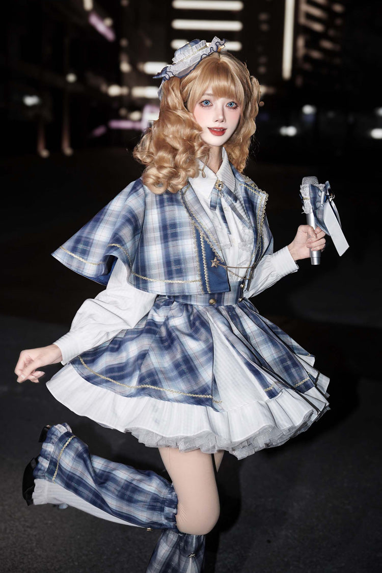 Blue [Little Starlight Idol] Lapel Collar Long Sleeves Double-Layered Printed Ruffled Bow Sweet Japanese Lolita Skirt Set - Product - 7