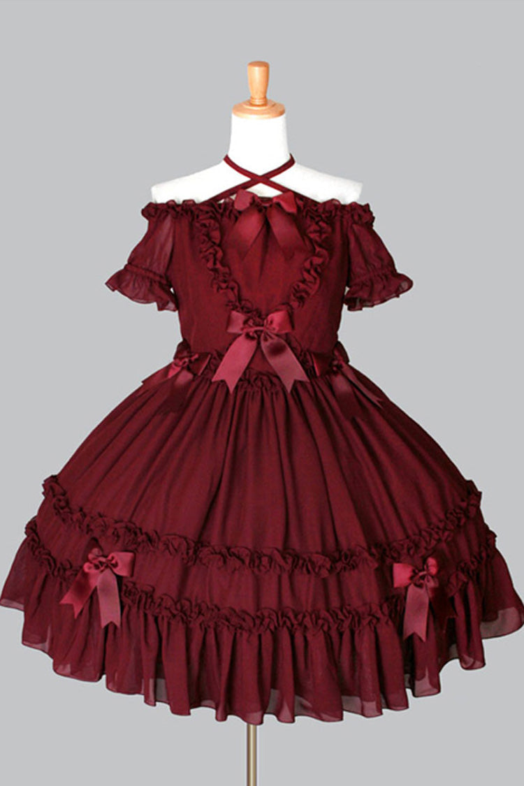 Chiffon Binding Strap Short Sleeves Boat Neck Classic Lolita Dress - Red - 2