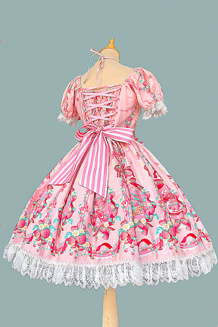 [Strawberry Chef] Short Sleeves Print Bowknot Lace Sweet Lolita Dress 4 Colors - Product - 3