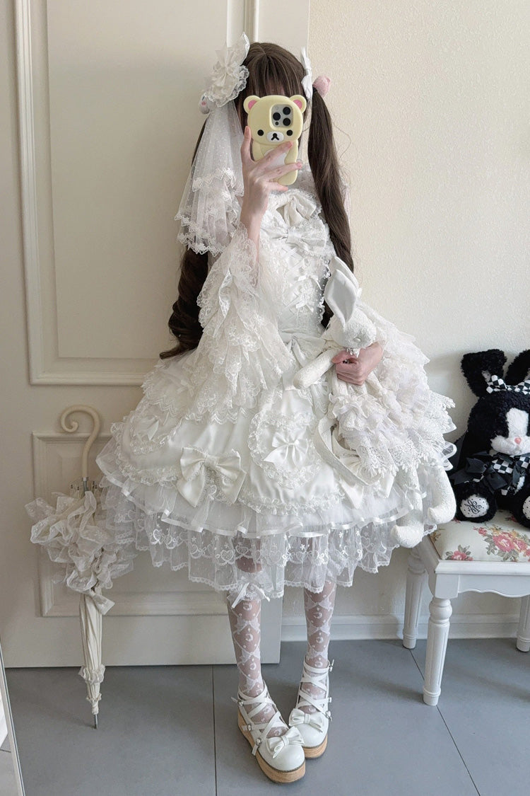 White [Sweetheart] Sleeveless Multi-Layered Embroidered Bow Lace Lace-Up Sweet Lolita Jsk Dress - Product - 5