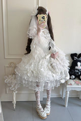 White [Sweetheart] Sleeveless Multi-Layered Embroidered Bow Lace Lace-Up Sweet Lolita Jsk Dress - Product - 5