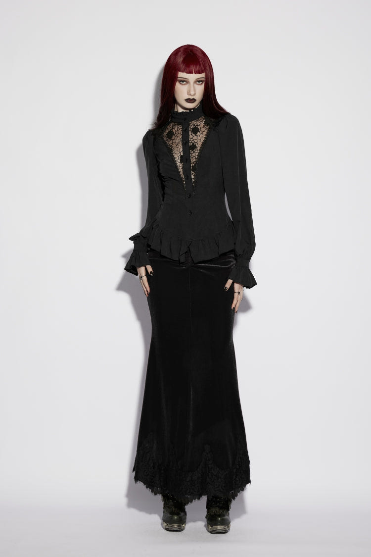 Black Stand Collar Long Lantern Sleeves Cut-Out Embroidered Spliced Lace-Up Slim Sheer Mesh Pleated Women's Gothic Palace Blouse - Product - 4