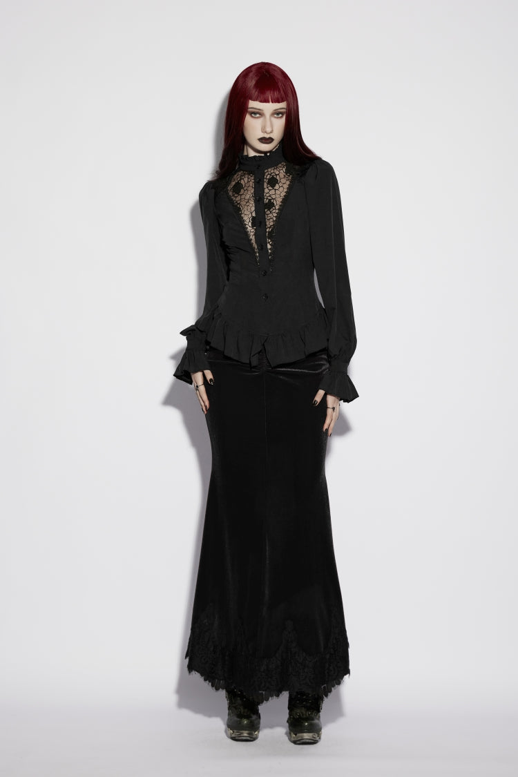Black Stand Collar Long Lantern Sleeves Cut-Out Embroidered Spliced Lace-Up Slim Sheer Mesh Pleated Women's Gothic Palace Blouse - Product - 4