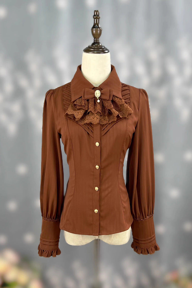 [Enchanted Dreamland] Lapel Collar Long Sleeves Ruffled Lace Slim Classic Elegant Lolita Blouse 6 Colors - Coffee - 7
