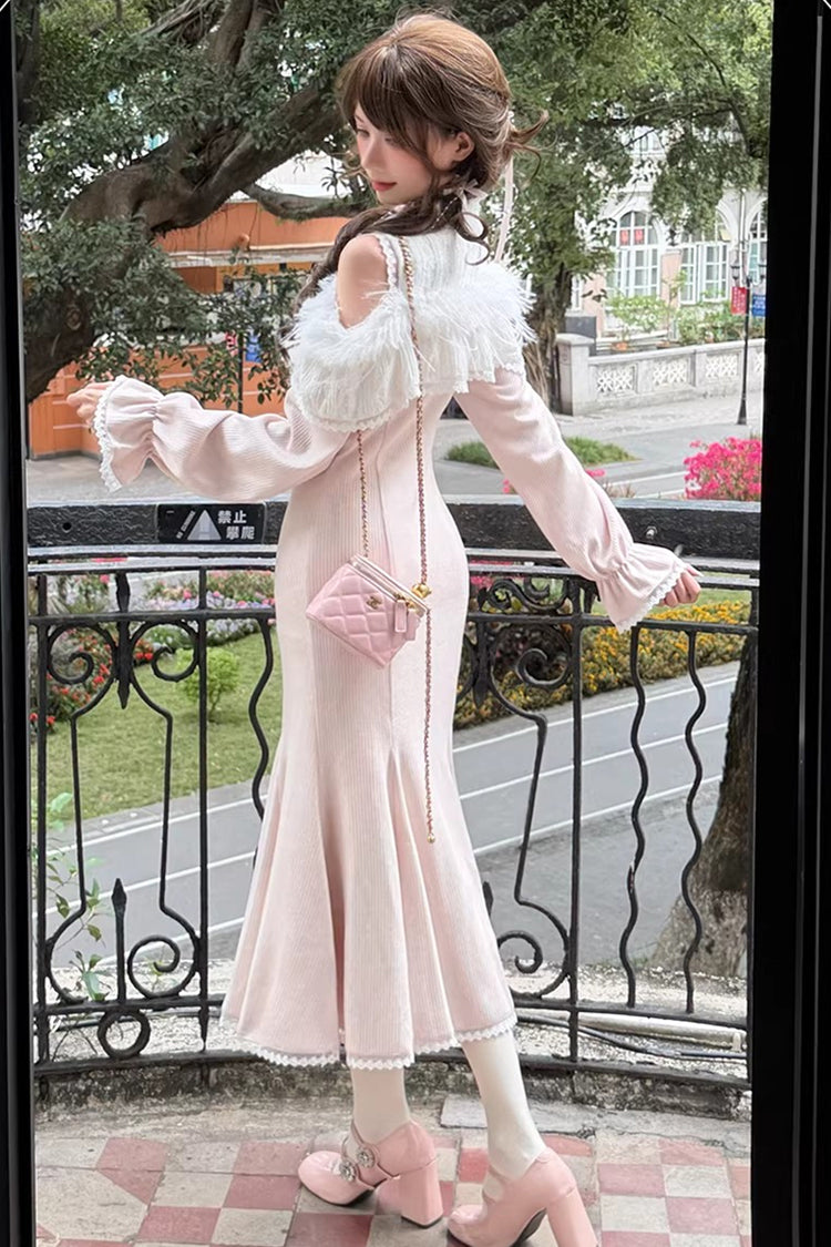 Pink [Little Love Song] Stand Collar Off Shoulder Long Sleeves Lace Sweet Japanese Elegant Lolita Mermaid Long Dress - Product - 4